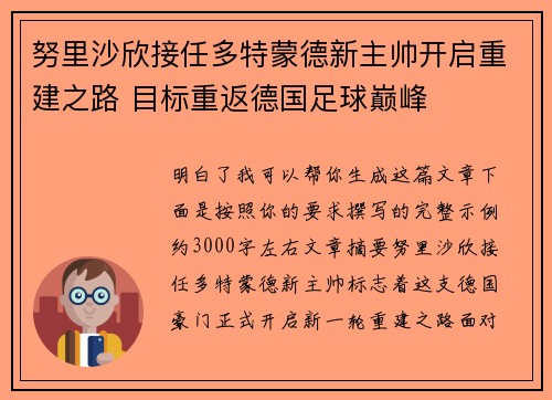 努里沙欣接任多特蒙德新主帅开启重建之路 目标重返德国足球巅峰 努里沙欣接任多特蒙德新主帅开启重建之路 目标重返德国足球巅峰